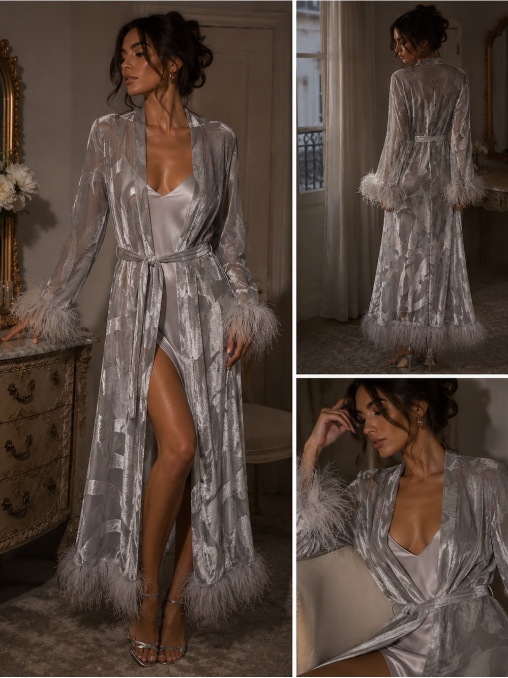 Vintage 1998 Valentino Intimo Ostrich Feather Burnout Velvet Robe Duster Grey M